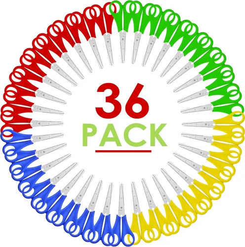 Vista 9 de Tijeras infantiles de 5 pulgadas, paquete de 4 tijeras escolares de seguridad para niños, acero inoxidable, colores surtidos, zurdos o diestros