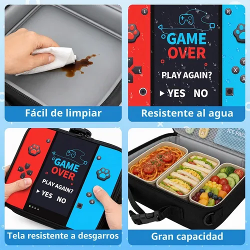 Vista 5 de Lonchera aislada para consola de juegos, para adolescentes, niños, niñas, niños, reutilizable, de gran capacidad, con etiqueta de nombre, correa