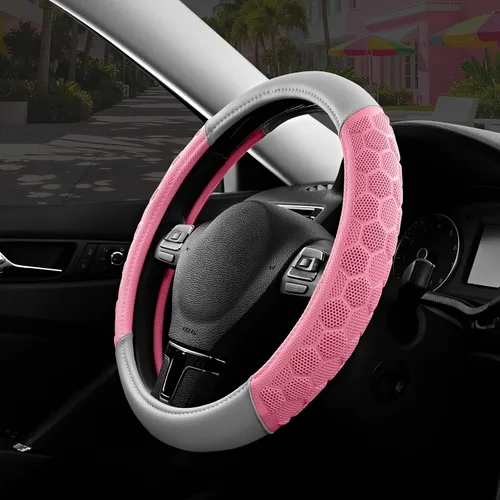 Vista 18 de Cubierta de Volante de Masaje PIC AUTO, Cubierta de Volante de Coche de Cuero Beige y Material de Patrón de Fútbol Rosa Combinado, Cubierta