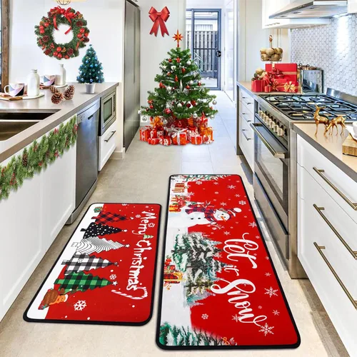 Vista 11 de Voanos Juego de 2 alfombras de cocina de Feliz Navidad, con temática linda de Papá Noel y regalo, decoración navideña para el hogar, tapete lavable