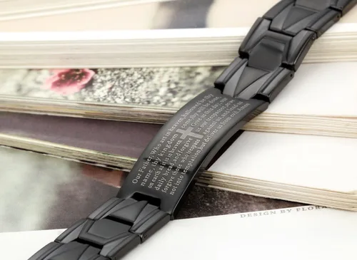Vista 2 de Flongo Pulsera vintage de acero inoxidable para hombre, con cruz negra, con texto en inglés