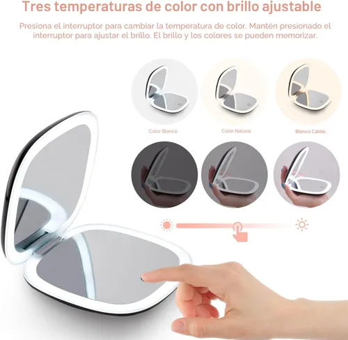 Vista 3 de Mocado Espejo de maquillaje compacto LED con aumento para viajes - 4 pulgadas 1X/10X de aumento, pequeño de bolsillo, doble cara, regulable, USB