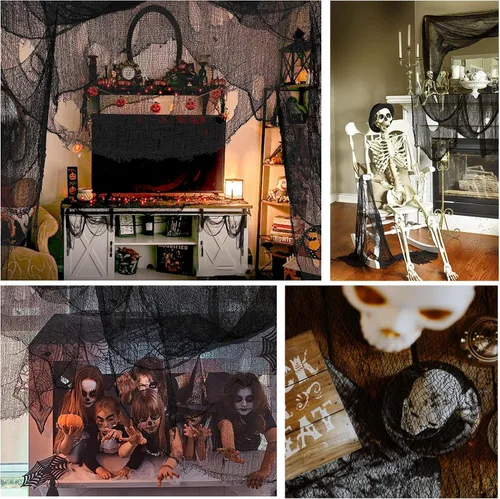Vista 5 de 4 piezas de tela espeluznante de Halloween negra de 30 x 72 pulgadas, decoración de Halloween para interiores y exteriores, fondos espeluznantes