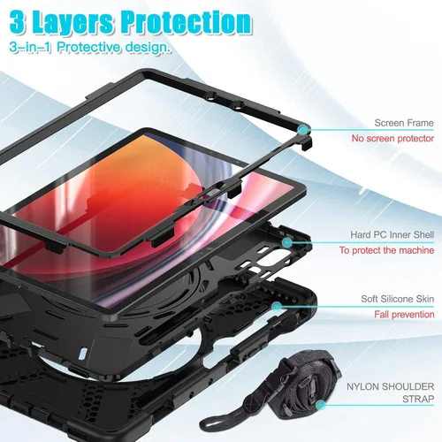 Vista 3 de Funda para Samsung Galaxy Tab S9 Ultra/S8 Ultra, resistente, resistente, grado militar, a prueba de golpes, con rotación de 360°, función atril