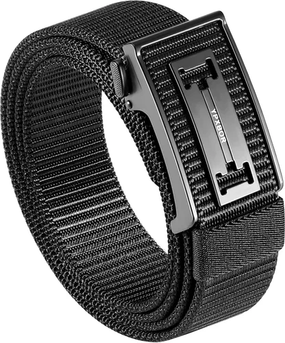 Vista 2 de Cinturón de trinquete para hombre, cinturón táctico de nailon con hebilla de clic automática, cincha extra gruesa de 1.3 pulgadas (negro)