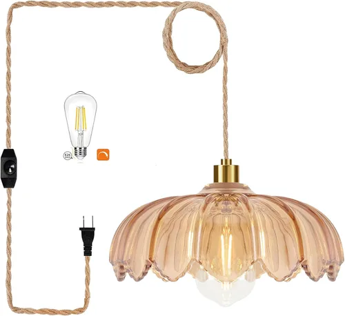 Vista 16 de Lámpara colgante de ratán para enchufar, con cable de enchufe, lámpara colgante de bambú regulable, tejida a mano estilo bohemio, pantalla