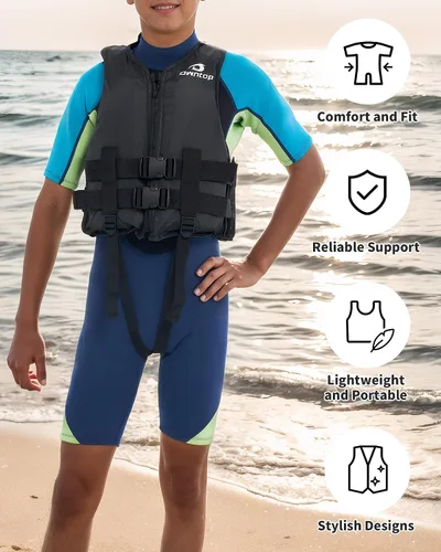 Vista 3 de Owntop Chaquetas de natación para niños y adultos de 50 a 125 libras de hebillas dobles, cremallera y correa de entrepierna, chaleco de esquí ligero