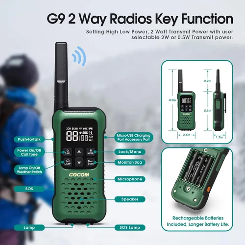 Vista 7 de GOCOM G9 Walkie Talkie impermeable para adultos de largo alcance, radio flotante portátil de dos vías, alerta meteorológica NOAA, SOS, linterna