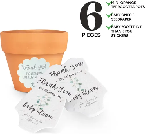 Vista 2 de Juego de 6 semillas de papel – 6 mamelucos verdes y 6 macetas naranjas con calcomanías para baby shower, revelación de género, cumpleaños, día