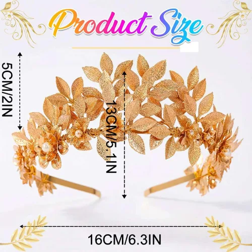 Vista 6 de Brishow Diadema de tiara de hoja dorada, corona de laurel griega con flores de perlas para mujer