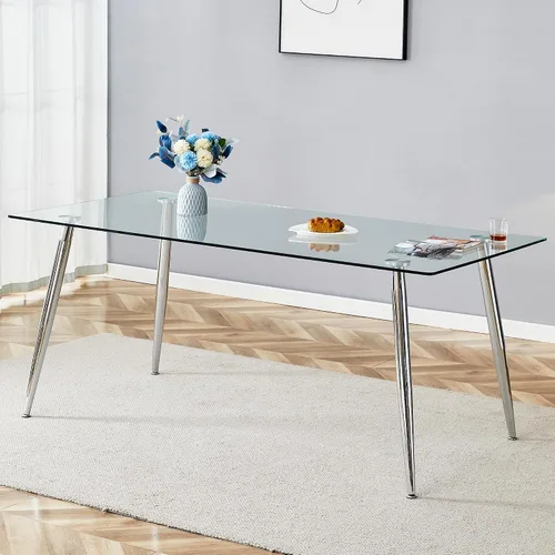 Vista 3 de A 71"x35.4" Heat Resistant Clear Tempered Glass Dining Table with Silver Metal Legs