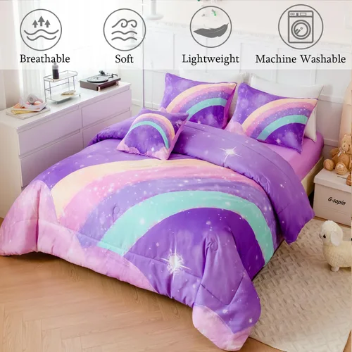 Vista 2 de ANGIYUIN - Juego de edredón infantil de gradiente arcoíris púrpura profundo, 6 piezas, ropa de cama con purpurina brillante para niñas, juego