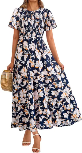 Vista 9 de PRETTYGARDEN - Vestido largo casual de verano para mujer, manga corta acampanada, bohemio, floral, cuello redondo, vestido blusón, escalonado