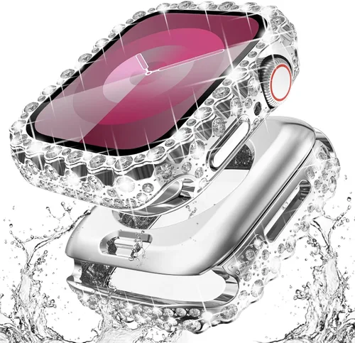 Vista 22 de Surace - Carcasa impermeable 2 en 1 para Apple Watch Series 6, 5, 4, SE de 1.575 pulgadas Lace Edge Diamond Protective Bumper Cover Built-in