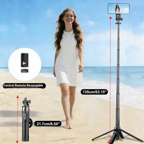 Vista 5 de Trípode magnético para teléfono de 53 pulgadas portátil para selfie stick para iPhone MagSafe GoPro cámaras de acción con control remoto recargable