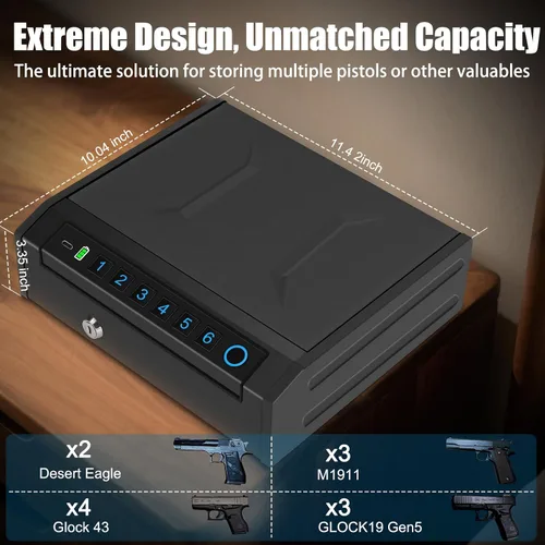 Vista 4 de Caja fuerte para pistolas, caja de seguridad biométrica para pistola, caja de bloqueo de pistola con huellas dactilares para automóvil, mesita