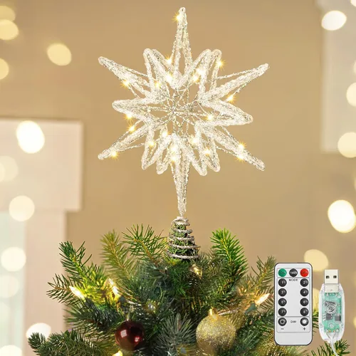 Vista 14 de Luxspire Estrella Superior para Árbol de Navidad, Luces LED de Metal con Purpurina 3D para Decoraciones Navideñas, Operada con Control Remoto y USB