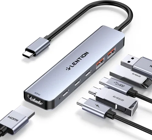 Vista 10 de LENTION USB-C Hub, 4K@60Hz HDMI, 100W PD, 2 USB-C, 2 USB 3.0, Card Reader