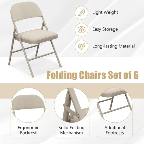 Vista 6 de GOFLAME Paquete de 6 sillas plegables, juego de sillas de comedor de tela con asiento acolchado y marco de metal, asiento comercial tapizado