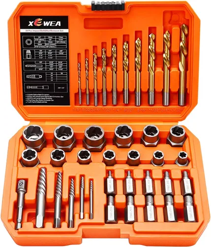 Vista 9 de XEWEA Juego de 26 extractores de tornillos y pernos con juego de brocas derechas【con adaptador hexagonal】, herramientas de impacto fáciles