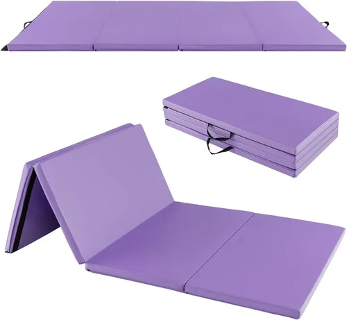 Vista 9 de GYMAX Colchoneta de gimnasia, 4 x 8 x 2 pulgadas, plegable, gruesa, con asas de transporte y costuras resistentes, cubierta de piel sintética Púrpura