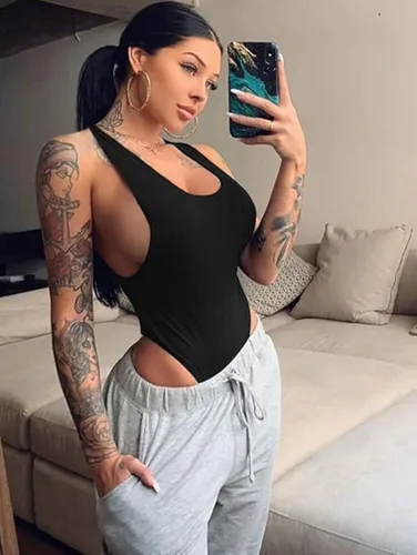Vista 6 de YMDUCH Leotardo sexy sin mangas con cuello en V y espalda descubierta para mujer