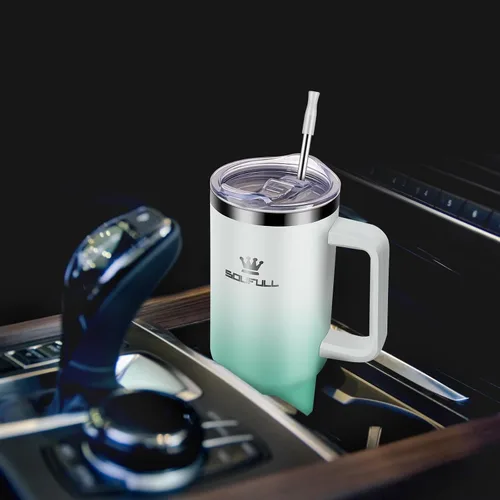 Vista 8 de Vaso de 40 onzas con asa y tapa con popote, taza de café de viaje 100% a prueba de fugas, taza aislada de acero inoxidable para bebidas frías