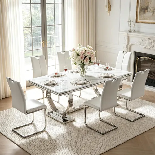 Vista 43 de Juego de mesa de comedor de mármol para 4, mesa de cocina rectangular de mármol blanco de 70 pulgadas con base en O de acero inoxidable dorado
