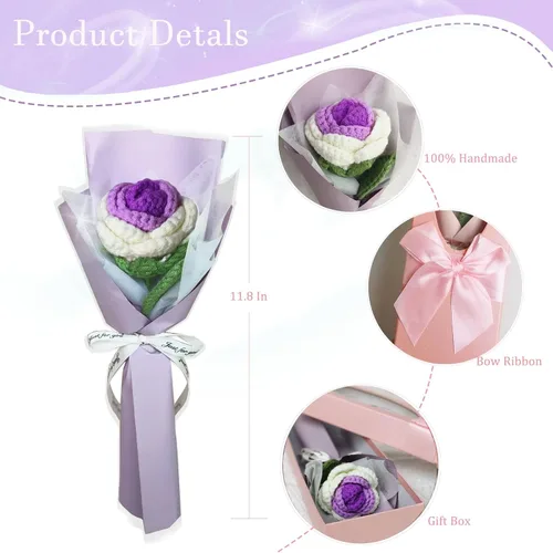 Vista 2 de Ramo de rosas de ganchillo hecho a mano, flores tejidas a mano, decoración del hogar, regalos de cumpleaños para mujeres, esposa, niña, novia, día