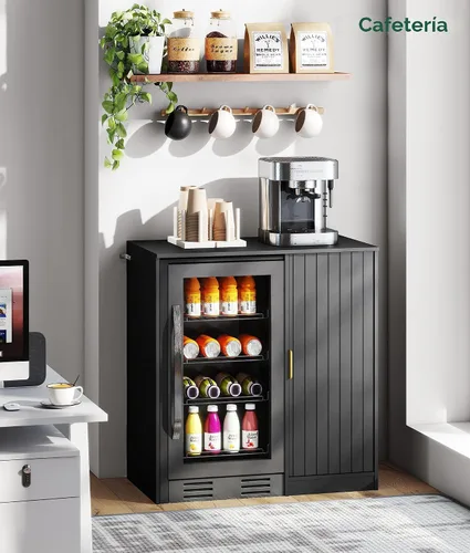 Vista 9 de Lamtor Barra de café con espacio para mini refrigerador, gabinete de barra de café con toma de corriente, mini gabinete de nevera estriado