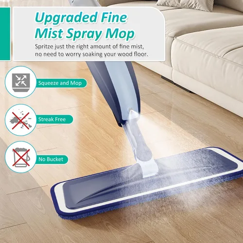 Vista 3 de Mopa con aerosol para limpieza de suelos, mopa de microfibra para pisos de madera TRAV-ROUND con 3 almohadillas lavables reutilizables, apta