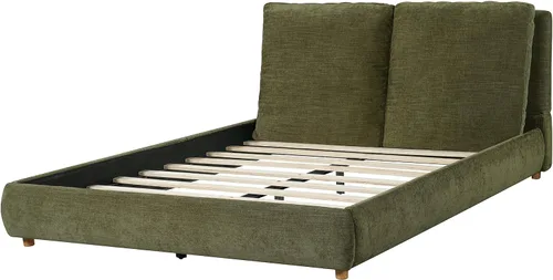 Vista 9 de Merax Cama de plataforma tapizada de tela Boucle tamaño Queen con dos cabeceras de almohada extraíbles, marco de cama de madera con patas redondas