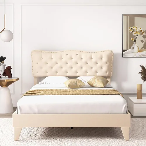 Vista 3 de Giantex Base de cama tamaño Queen color beige, plataforma tapizada de tela de lino con cabecera de clavos, base de colchón con botones y listones