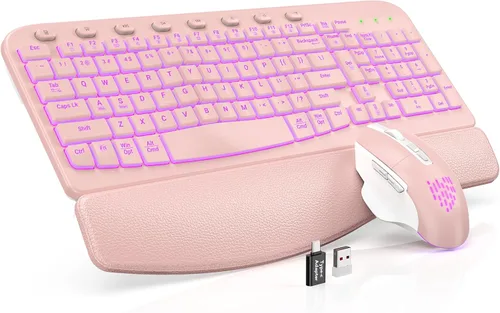 Vista 11 de SABLUTE Combo de teclado y mouse inalámbrico ergonómico, MA12Pro Wave teclado con reposamuñecas de cuero para escribir cómodamente, retroiluminación