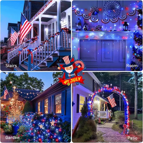Vista 7 de JMEXSUSS Luces rojas blancas y azules con cable transparente, 66 pies, 200 luces LED para decoración del 4 de julio, luz de Navidad para celebración