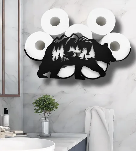 Vista 2 de Bear - Almacenamiento de papel higiénico de pared de metal, divertido soporte de papel higiénico negro, soporte de papel de metal decorativo