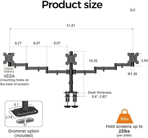 Vista 5 de Suptek Soporte de escritorio triple para monitor LED LCD, soporte resistente totalmente ajustable para 3 / tres pantallas de hasta 27 pulgadas