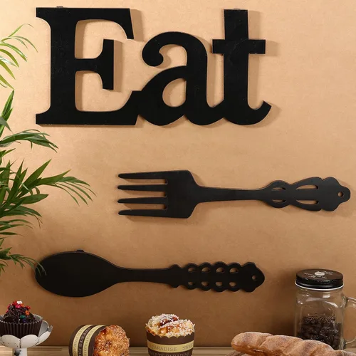 Vista 3 de Jetec Juego de letrero de "Eat", decoración de pared con tenedor y cuchara, decoración de madera rústica, lindas letras "Eat" para cocina y hogar