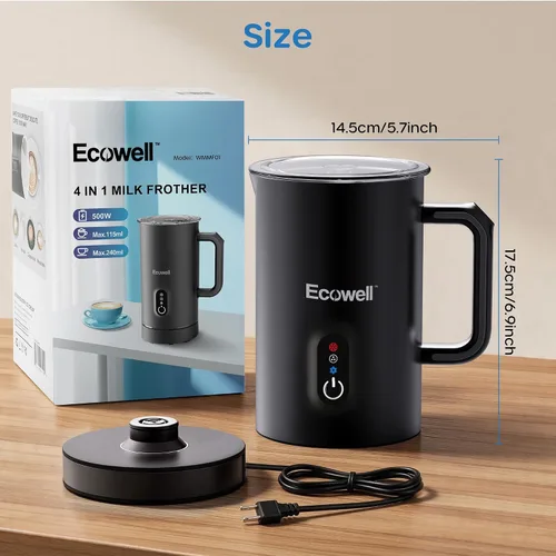 Vista 7 de ECOWELL Espumador de leche automático y vaporizador, espumador eléctrico 4 en 1 para café con leche, máquina de chocolate caliente, espuma fría