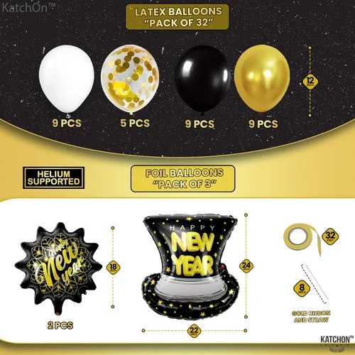 Vista 4 de KatchOn, Suministros para fiesta de Año Nuevo 2026 – Enorme, paquete de 37 Cartel de Feliz Año Nuevo, globos de Año Nuevo para decoraciones de Año