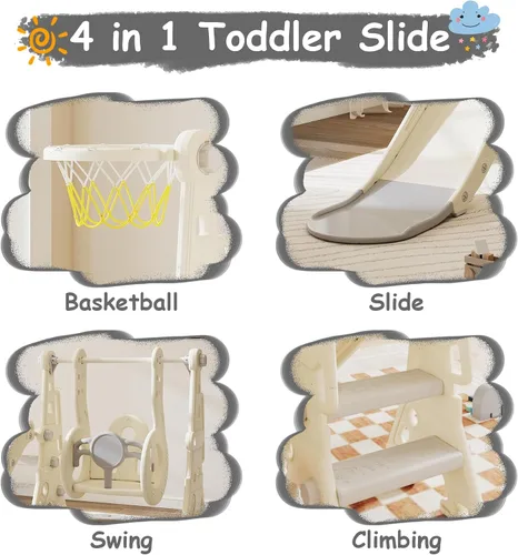 Vista 3 de DOREROOM Tobogán, columpio y tobogán para niños pequeños de 1 a 2 años con aro de baloncesto, telescopio para interiores y exteriores, parque