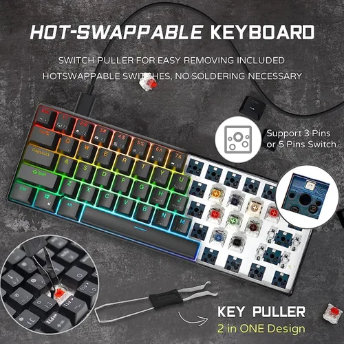 Vista 3 de RK ROYAL KLUDGE RK61 Teclado mecánico para juegos con cable al 60% programable QMK/VIA RGB retroiluminado 61 teclas Ultra-compacto interruptor rojo