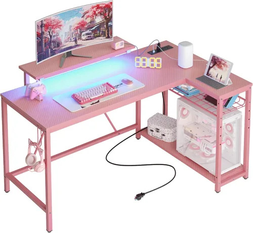 Vista 15 de Bestier - Escritorio de juegos con tomas de corriente, escritorio para computadora de 42 pulgadas en forma de L con luces LED, escritorio