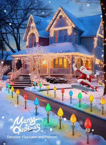 Vista 5 de Brightown Paquete de 2 Luces de Sendero Navideñas C9 de Fresa para Exteriores - Total 34.8 Pies 20 Luces LED de Sendero Navideño, Luces de Navidad