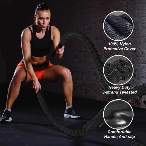 Vista 3 de Cuerda de batalla para entrenamiento de gimnasio en casa, cuerdas de ejercicio pesadas de 1 pulgada y 30 pies para entrenamiento, cuerda