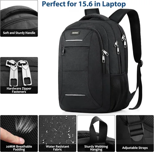 Vista 3 de Mochila para hombres y mujeres, mochila escolar para adolescentes, mochila negra para niños con puerto de carga USB para laptop de 15.6 pulgadas