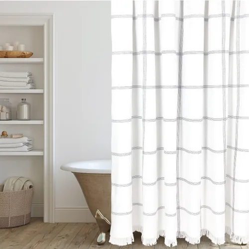 Vista 8 de HALL & PERRY Cortina de ducha moderna con borlas de estilo rústico, cortina de ducha de tela a rayas con borlas 100% algodón para decoración de baño