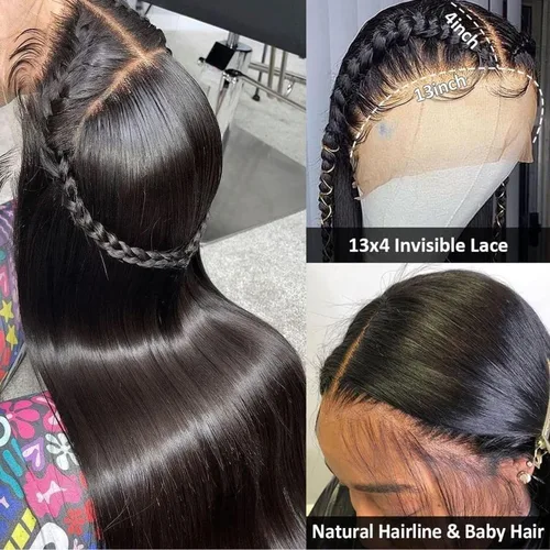 Vista 3 de Pelucas de cabello humano lacio con encaje frontal de hueso de 13 x 4 para mujeres negras, densidad del 200 %, peluca frontal de encaje transparente