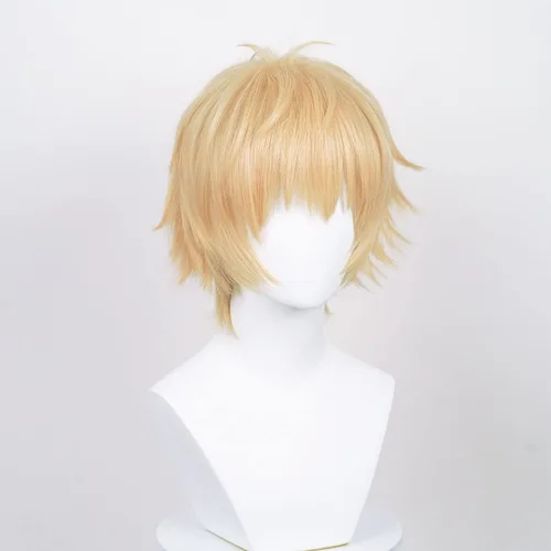 Vista 2 de LABEAUTÉ Peluca corta dorada para niños y hombres, cosplay, unisex, peluca amarilla de anime con flequillo para fiesta de Halloween, peluca de pelo