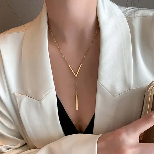 Vista 6 de Allereyae Collar con colgante de barra larga vintage en forma de V, collar de barra en Y Lariat, joyería para mujeres y niñas, Zinc, No es una